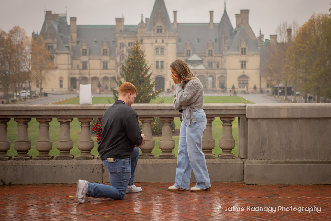 Surprise Proposal at the Biltmore Estate on a rainy day | Asheville Engagement Photographer