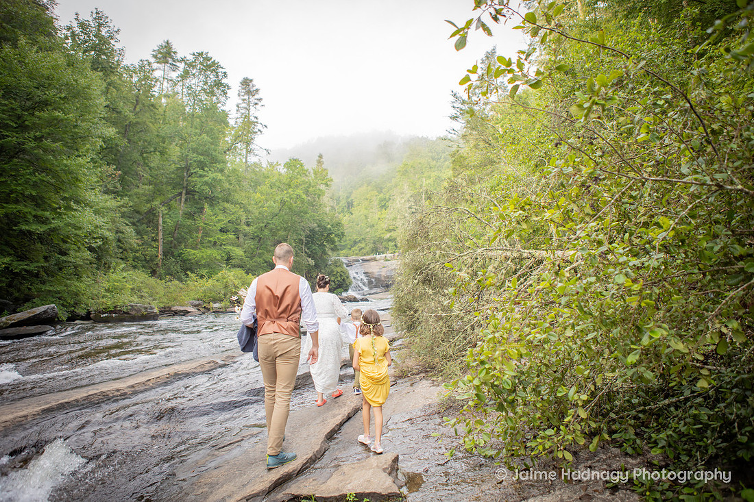 Family Walking to a Waterfall Elopement | Asheville Adventure Wedding Photographer