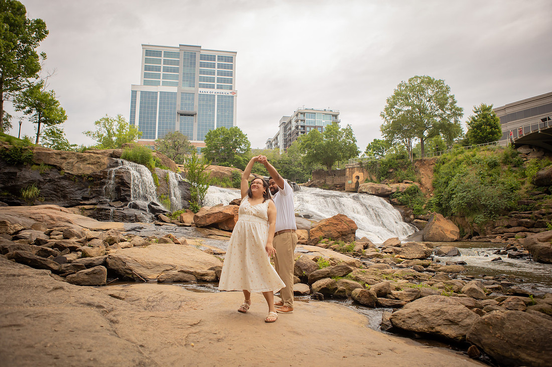 Couple Dancing Next to Waterfall in Falls Park Greenville