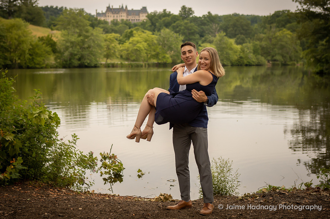 Fun Engagement Photos at The Bass Pond of Biltmore House | Asheville Photographer