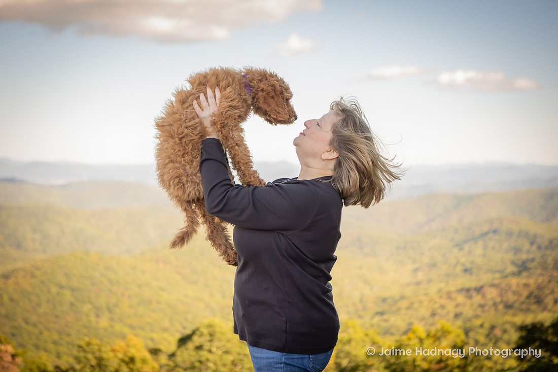 Labradoodle Puppy in Family Photos in the Mountains | Asheville Family Pet Photographer