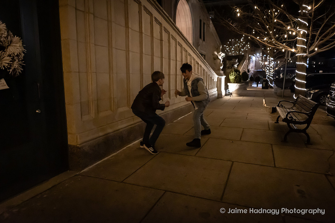 WIntertime Evening Family Photoshoot in Downtown Asheville with Christmas Lights