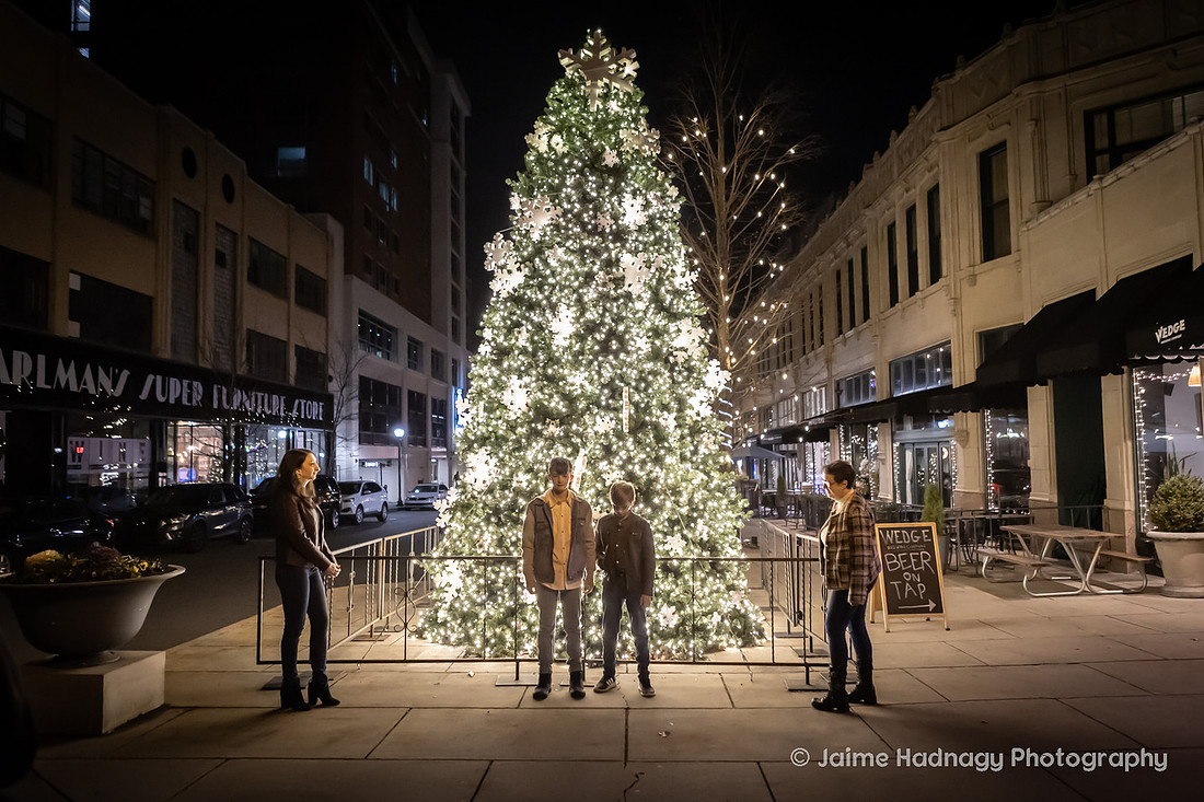 WIntertime Evening Family Photoshoot in Downtown Asheville with Christmas Lights