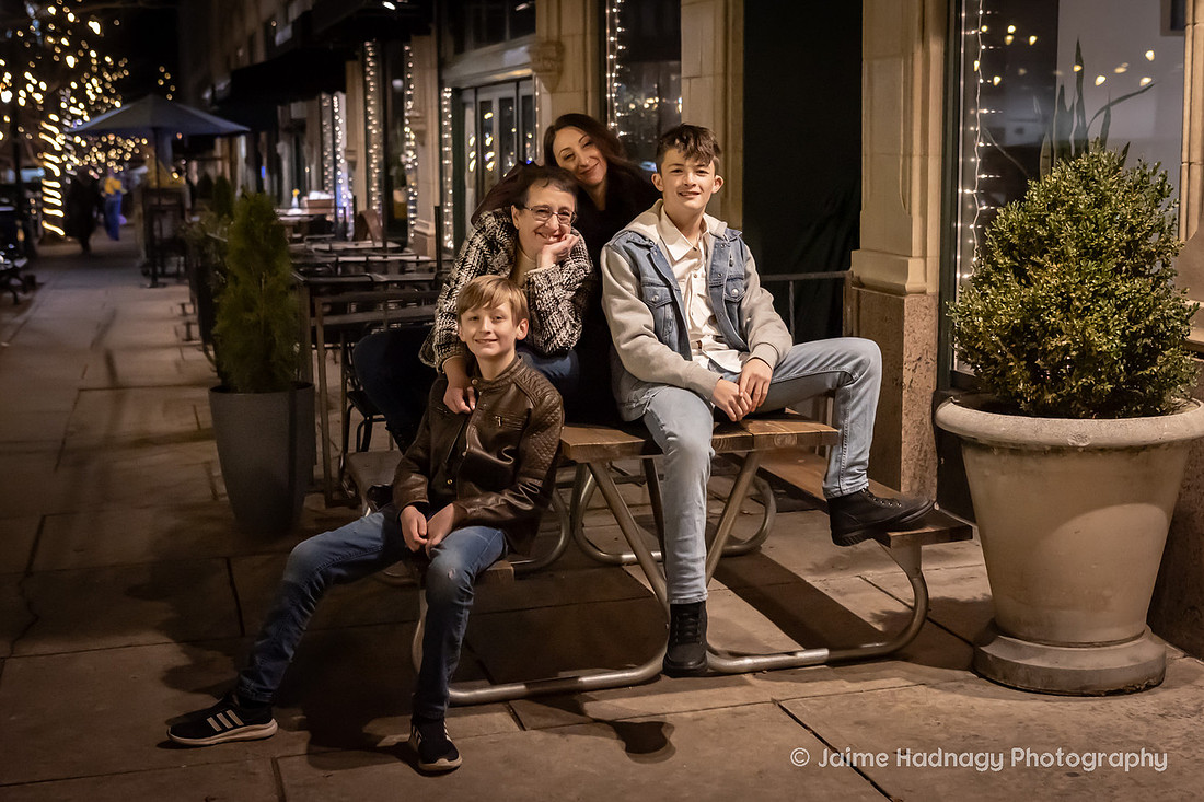 WIntertime Evening Family Photoshoot in Downtown Asheville with Christmas Lights