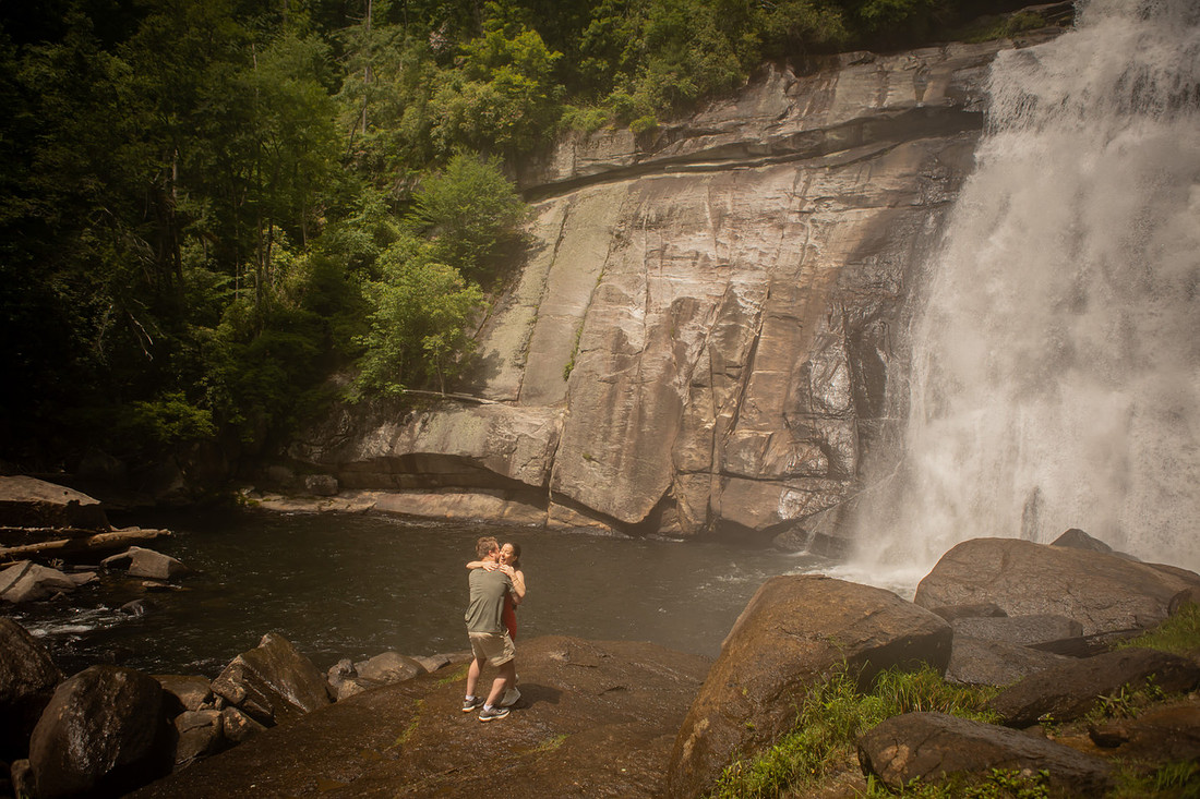 Hiking Proposal in front of Rainbow Falls in Gorges State Park | WNC Engagement Photographer