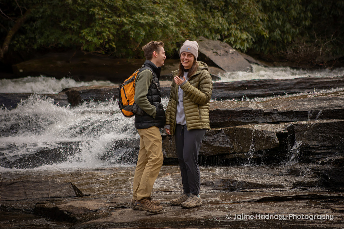 Surprise Proposal on a Waterfall HIke in Dupont State Forest at Triple Falls