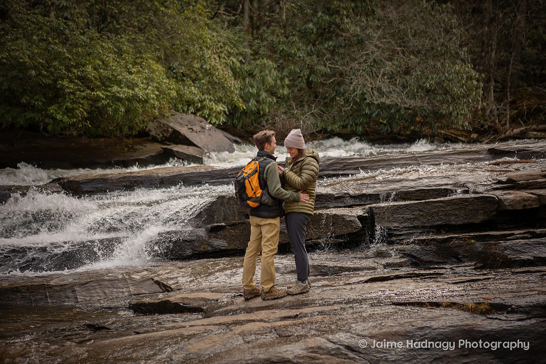 Surprise Proposal on a Waterfall HIke in Dupont State Forest at Triple Falls
