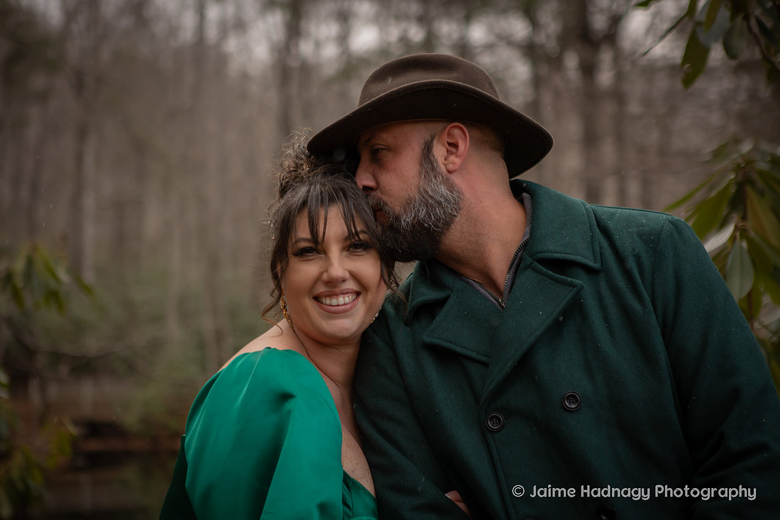Couples Photos with Green Outfits in the Forest in Wintertime | Black Mountain Portrait Photogapher