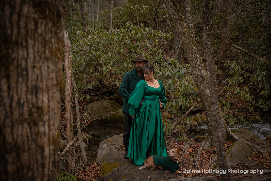 Dramatic Forest Couples Photos with dog | Asheville Photographer