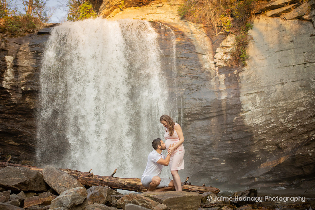 Nature Loving Couples Pregnancy Photos at Looking Glass Falls | Asheville Family Photographer
