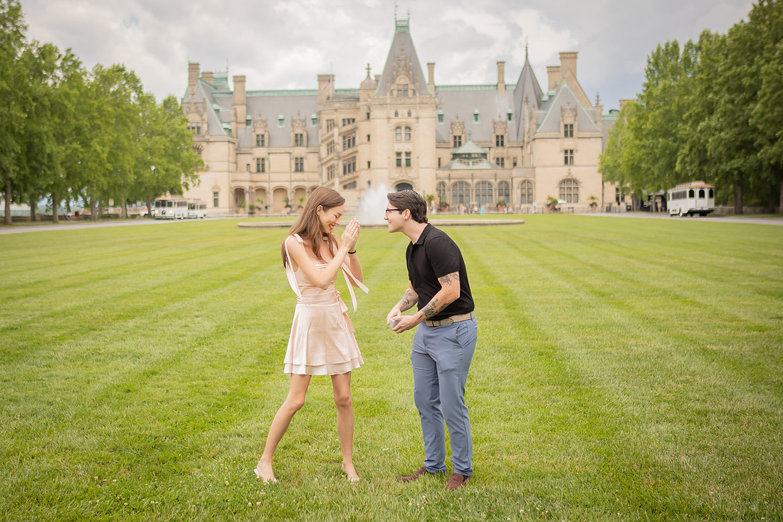 Proposal on the front lawn of the Biltmore Estate | Asheville Engagement Photographer