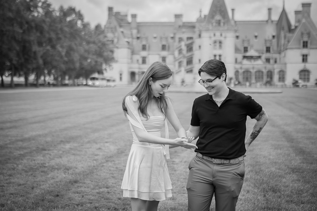 Proposal on the front lawn of the Biltmore Estate | Asheville Engagement Photographer