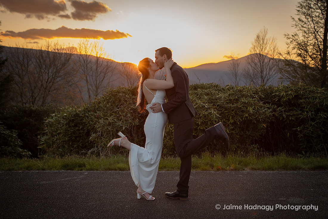 Couple Kissing on Blue Ridge Parkway with Mountain View