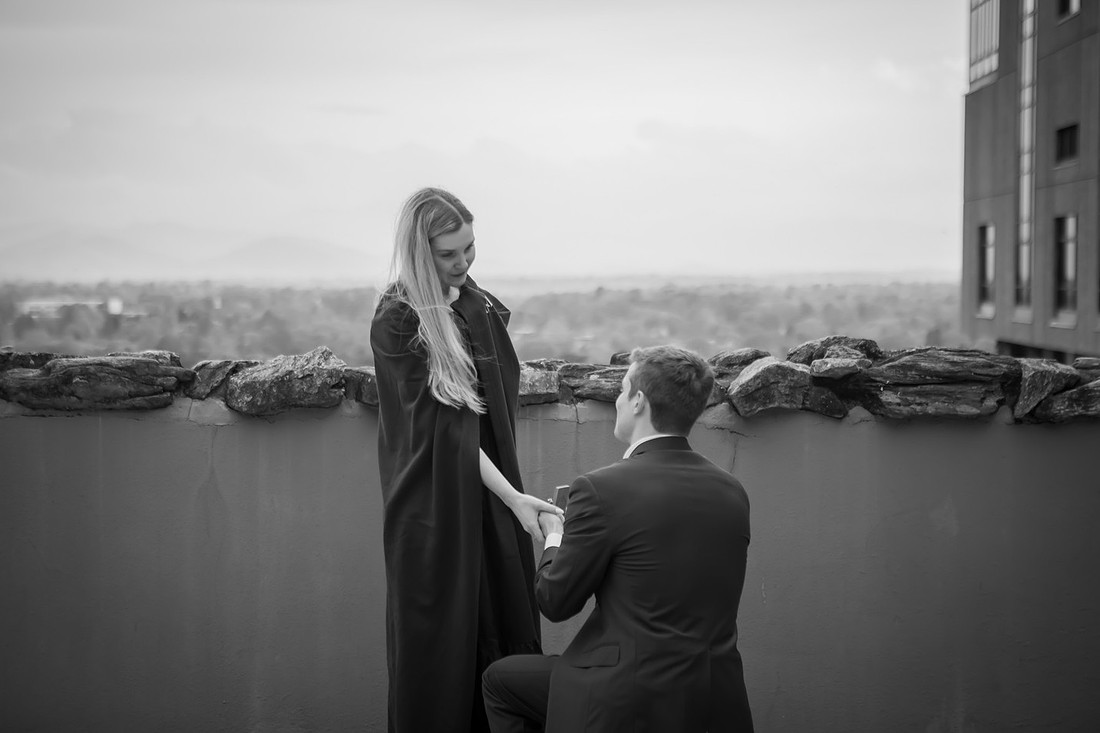 Proposal at Omni Grove Park Inn Vanderbilt Terrace with view of Asheville Downtown | Engagement Photography
