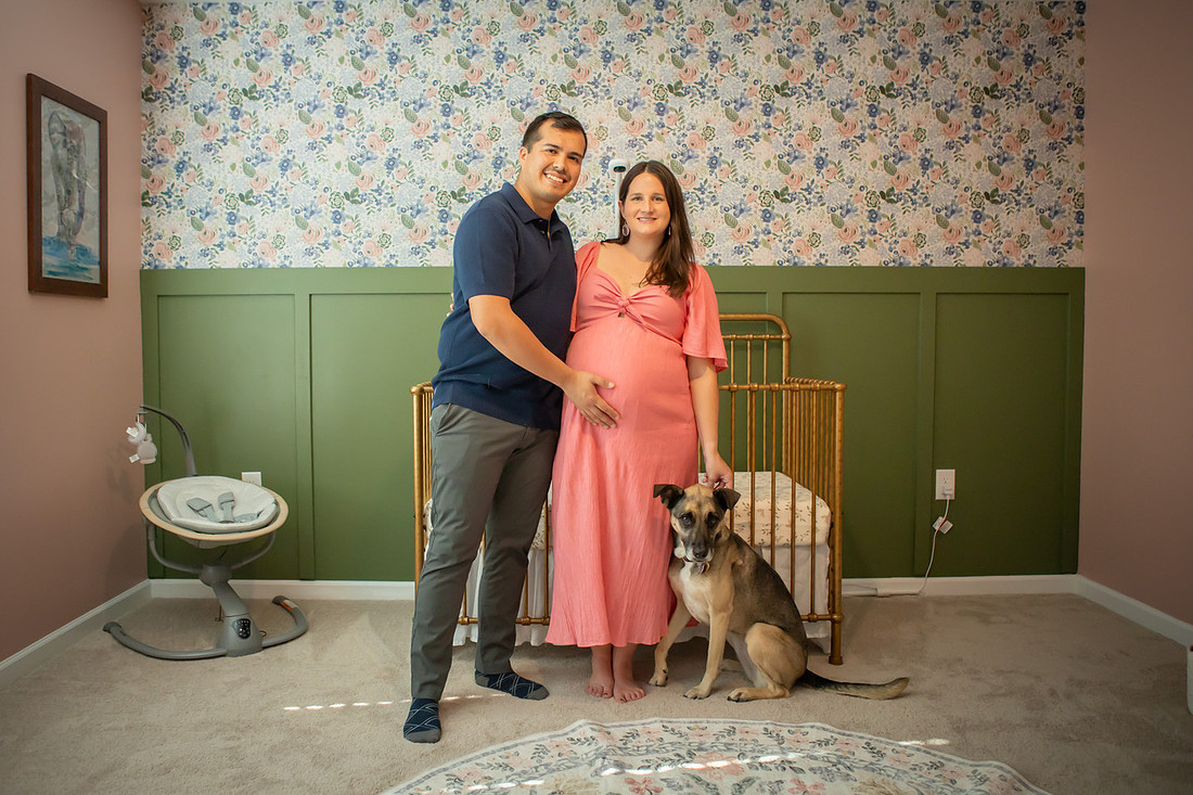 Maternity Photos in the Nursery at Home with Dog and Cat 