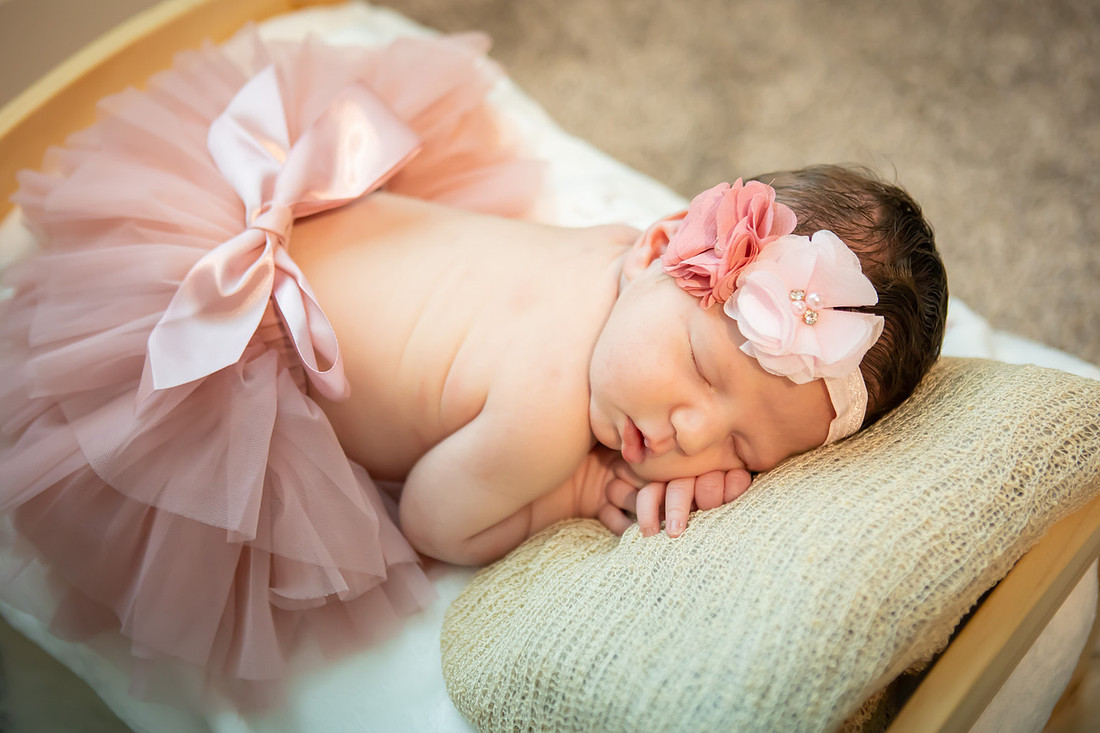 In home Newborn Photoshoot with props like a tiny bed and basket | Asheville Baby Photographer