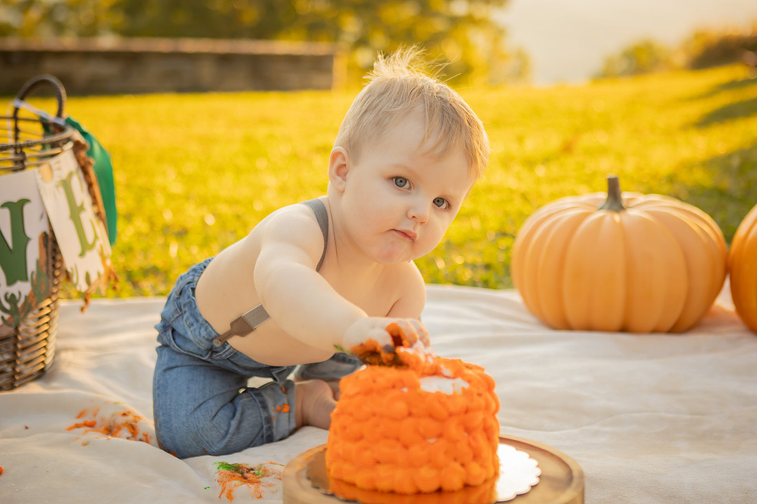 Fall One Year Old Birthday Photography Session with Cake Smash