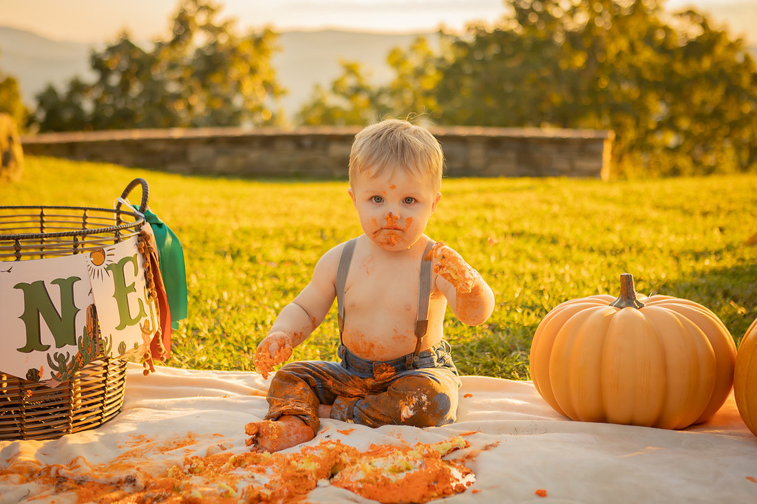 Cake Smash Photography with Pumpkin Cake Outdoors