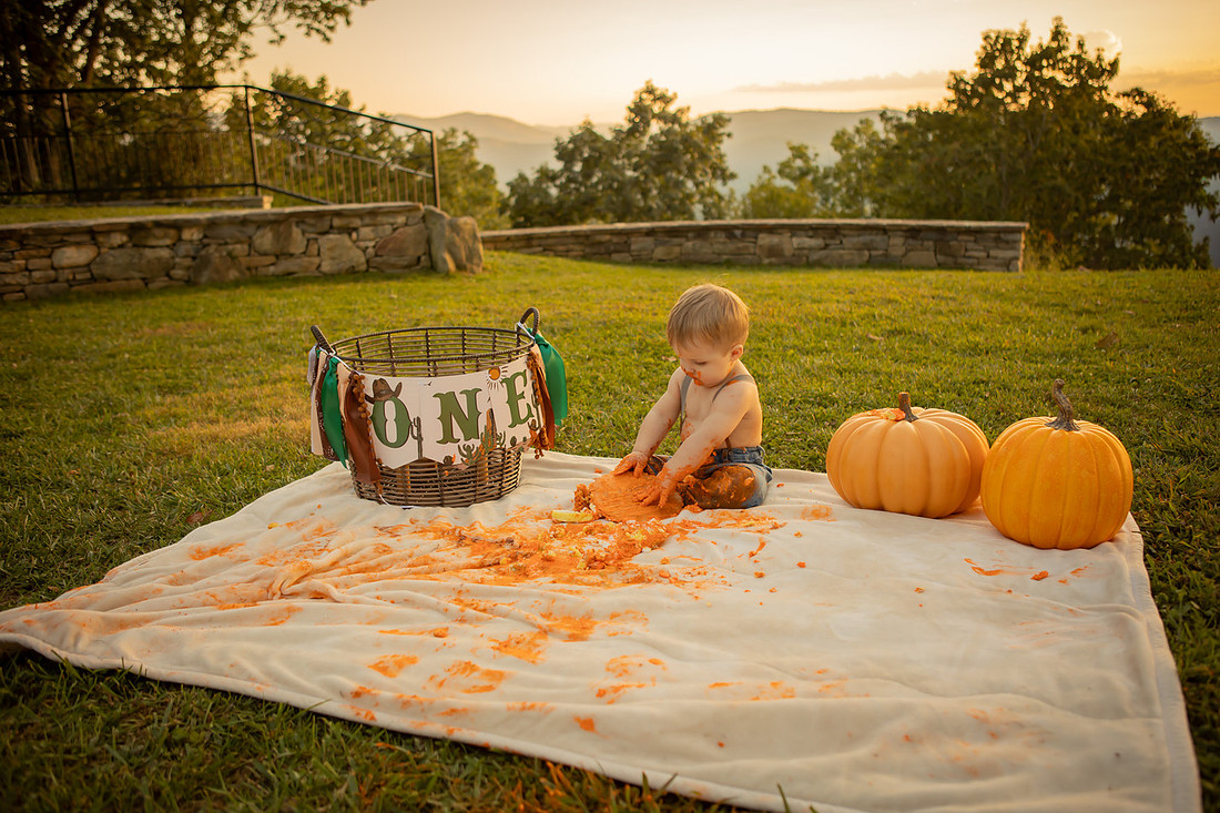 Cake Smash Photography with Pumpkin Cake Outdoors