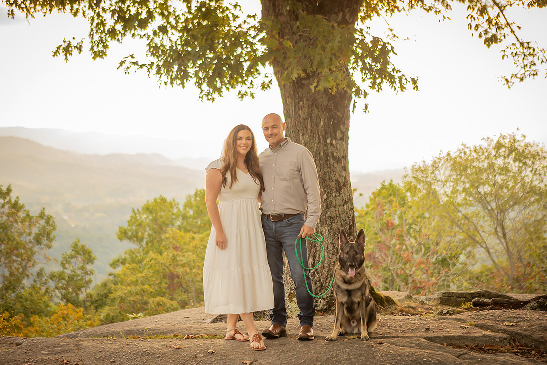 Engagement Photos with the Dog  in the Mountains at Jump Off Rock | Hendersonville Photographer