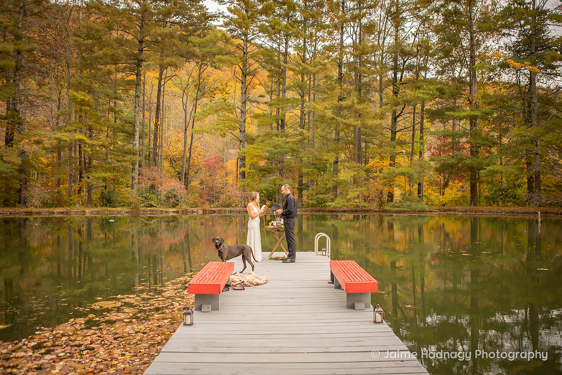 Small Wedding Ceremony at a pond with the dog | Asheville Elopement Photographer