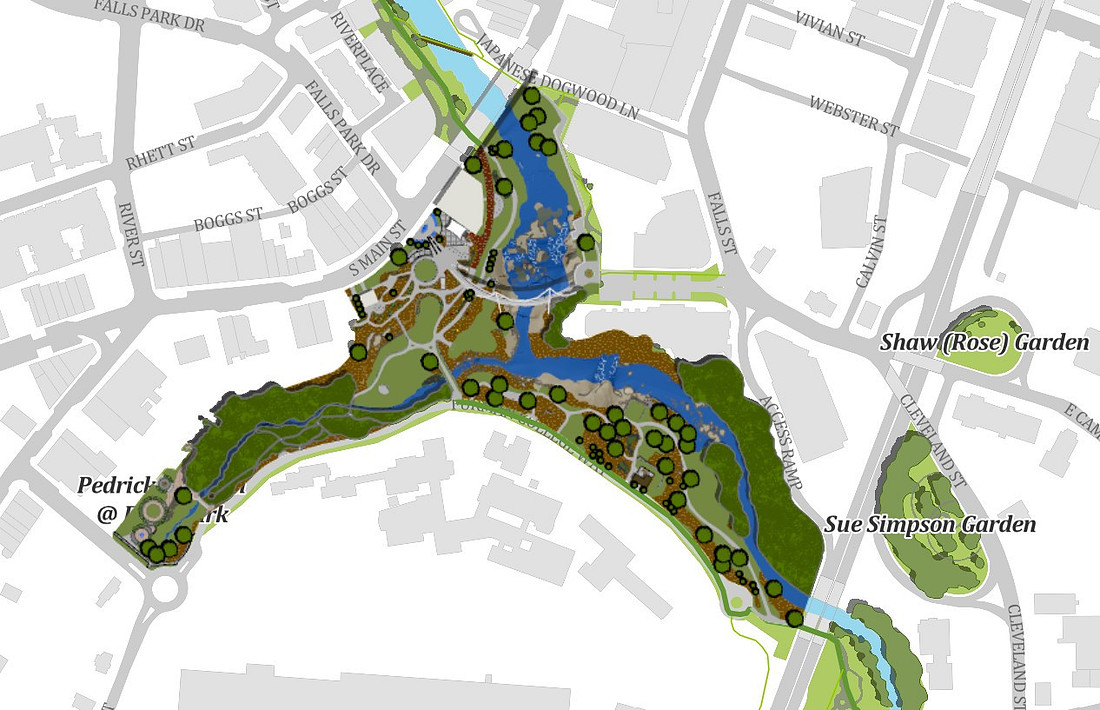 Map of Falls Park on the Reedy in Greenville SC