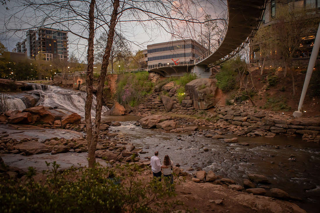 Sunset Surprise Proposal at Falls Park on the Reedy | Greenville SC Engagement Photographer