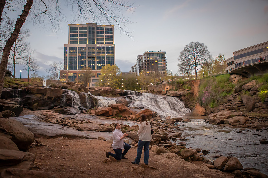 Sunset Surprise Proposal at Falls Park on the Reedy | Greenville SC Engagement Photographer