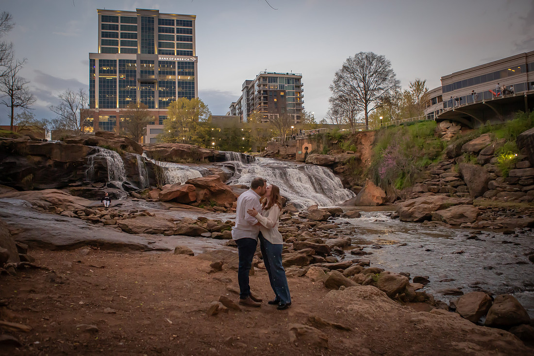 Sunset Surprise Proposal at Falls Park on the Reedy | Greenville SC Engagement Photographer