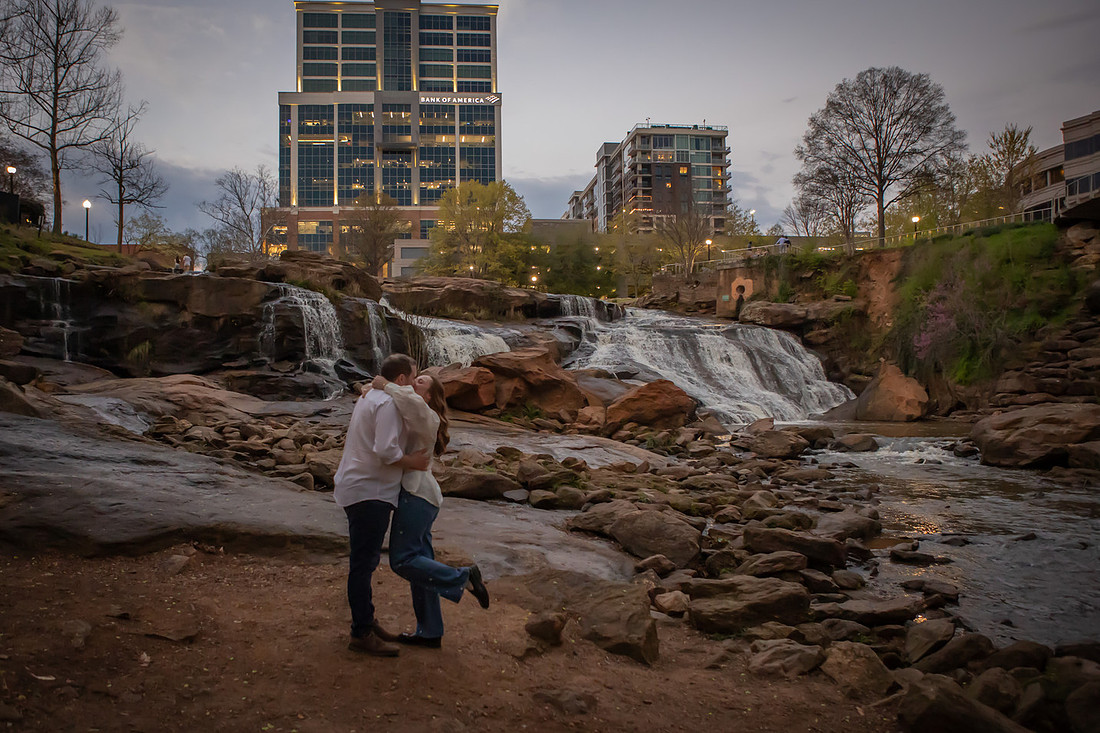 Sunset Surprise Proposal at Falls Park on the Reedy | Greenville SC Engagement Photographer