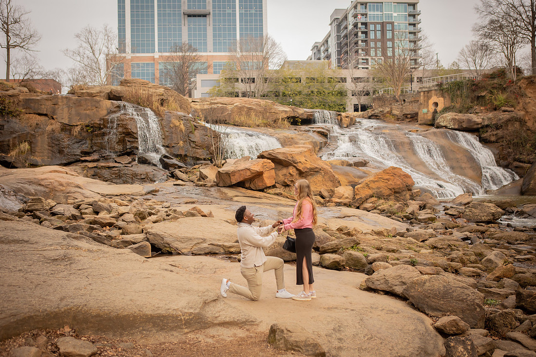 Waterfall Proposal at Falls Park on the Reedy in Greenville SC | Engagement Photographer