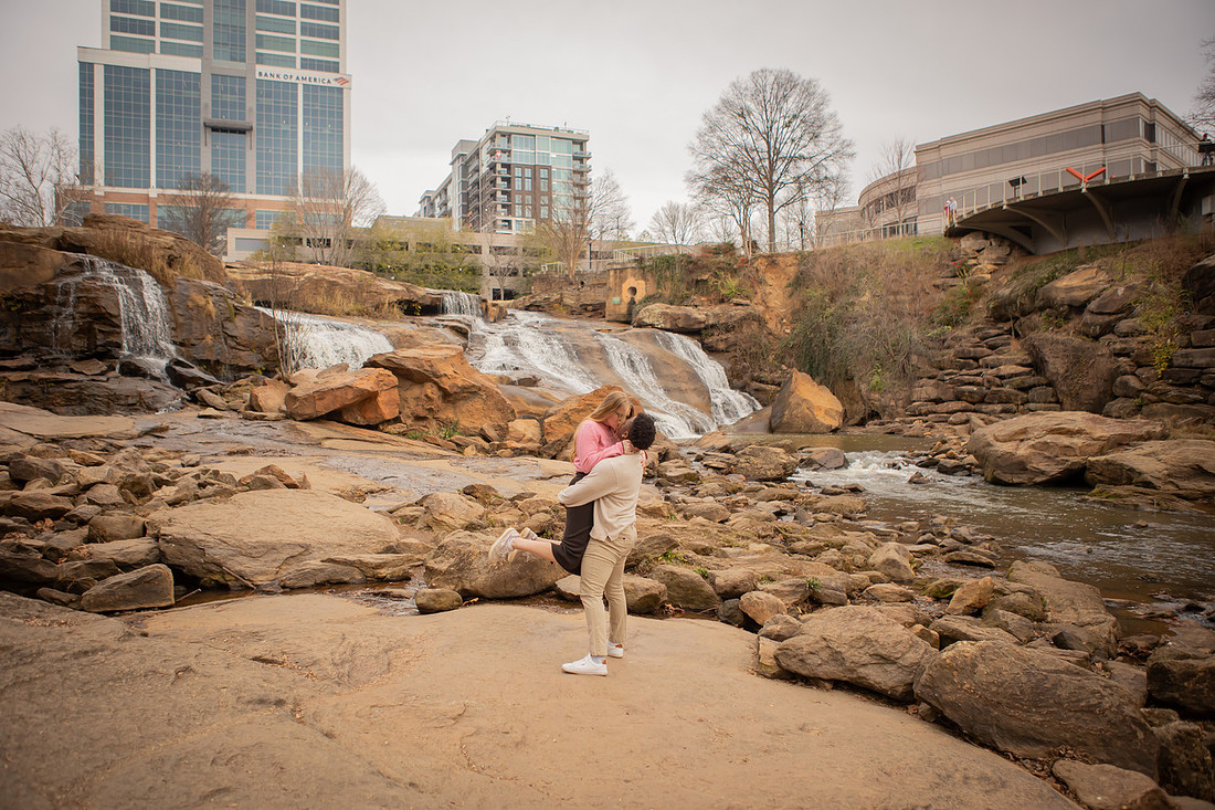 Waterfall Proposal at Falls Park on the Reedy in Greenville SC | Engagement Photographer