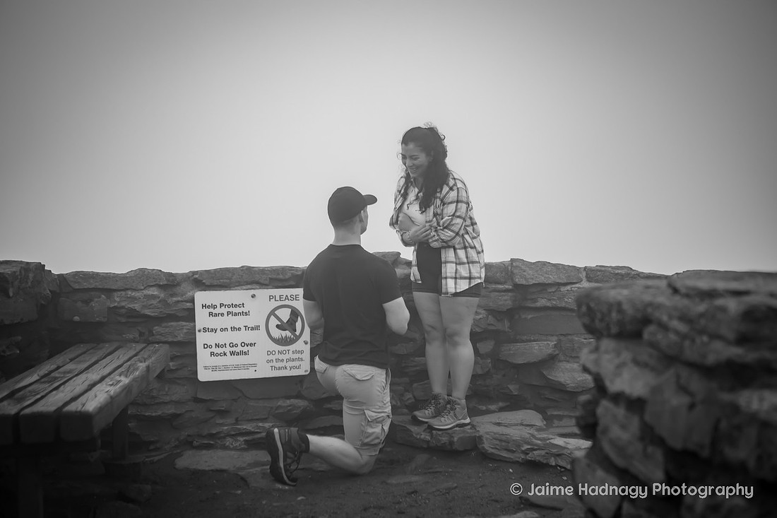 Hiking Proposal at Craggy Pinnacle in the Fog | Asheville Engagement Photographer