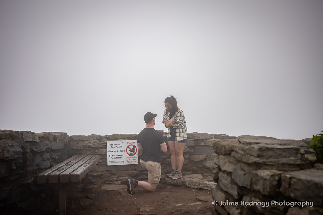 Hiking Proposal at Craggy Pinnacle in the Fog | Asheville Engagement Photographer