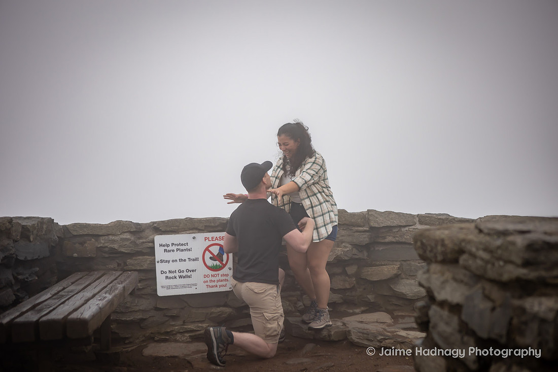 Hiking Proposal at Craggy Pinnacle in the Fog | Asheville Engagement Photographer