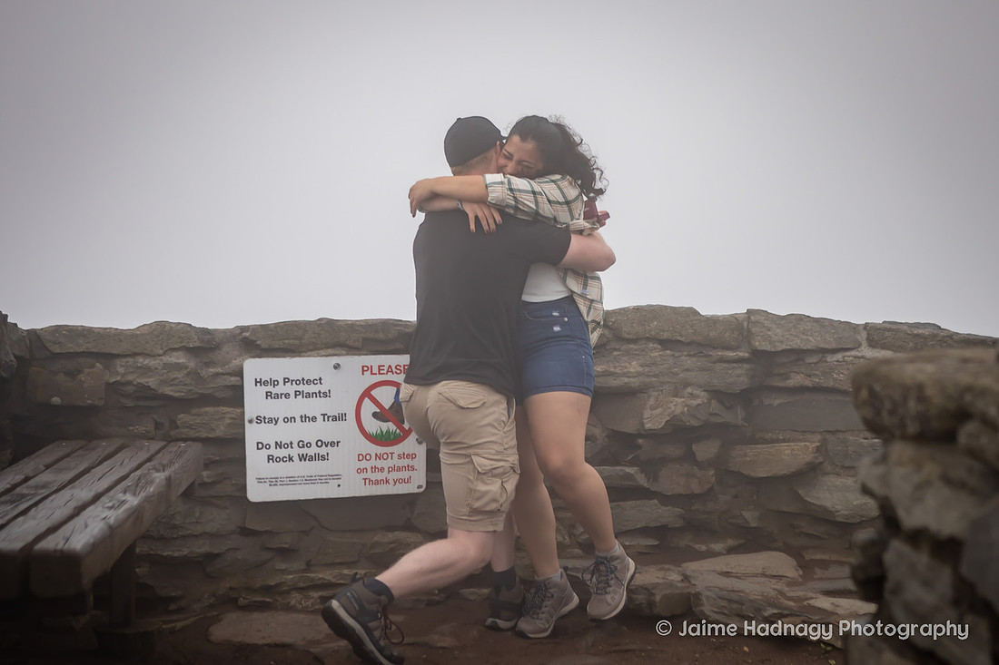 Hiking Proposal at Craggy Pinnacle in the Fog | Asheville Engagement Photographer
