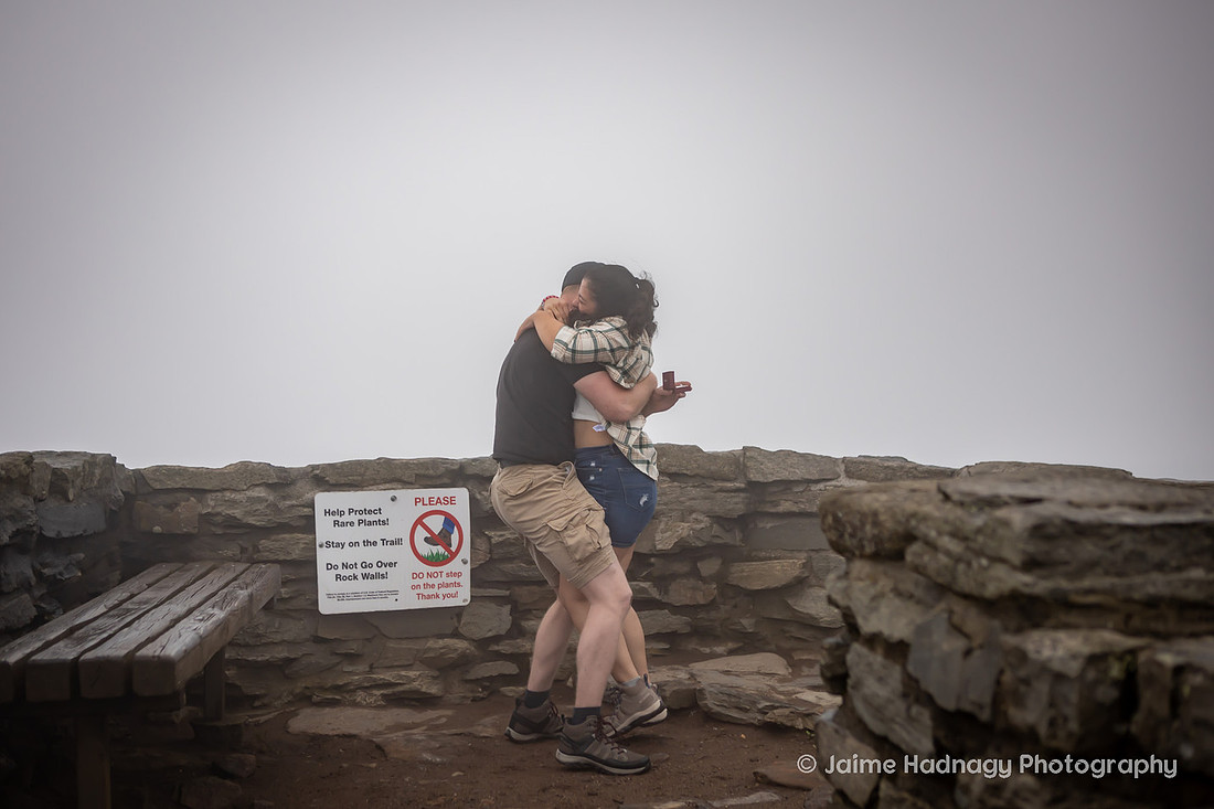 Hiking Proposal at Craggy Pinnacle in the Fog | Asheville Engagement Photographer
