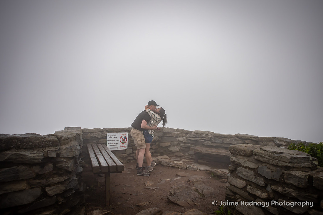 Hiking Proposal at Craggy Pinnacle in the Fog | Asheville Engagement Photographer