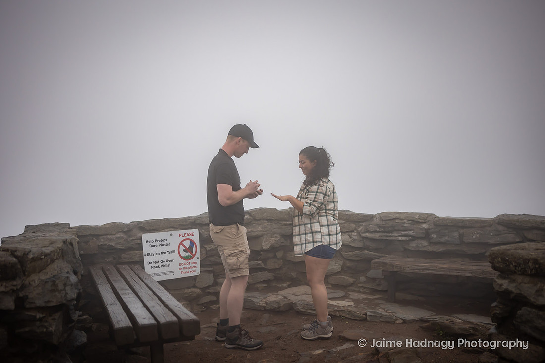 Hiking Proposal at Craggy Pinnacle in the Fog | Asheville Engagement Photographer