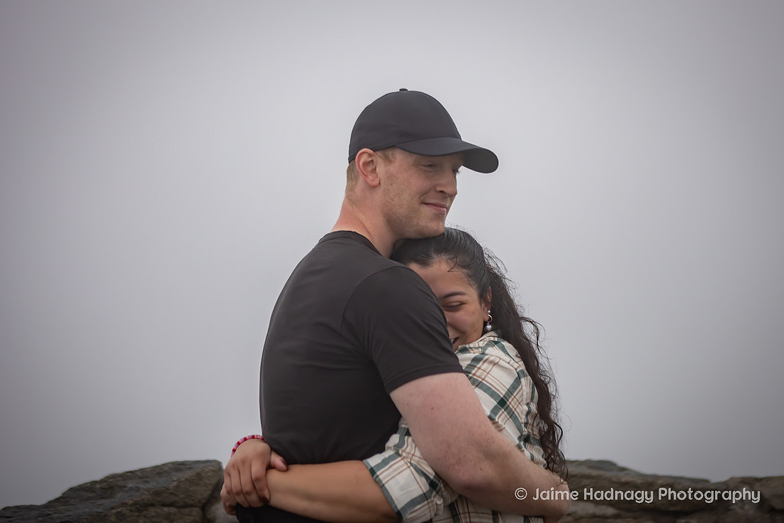Hiking Proposal at Craggy Pinnacle in the Fog | Asheville Engagement Photographer