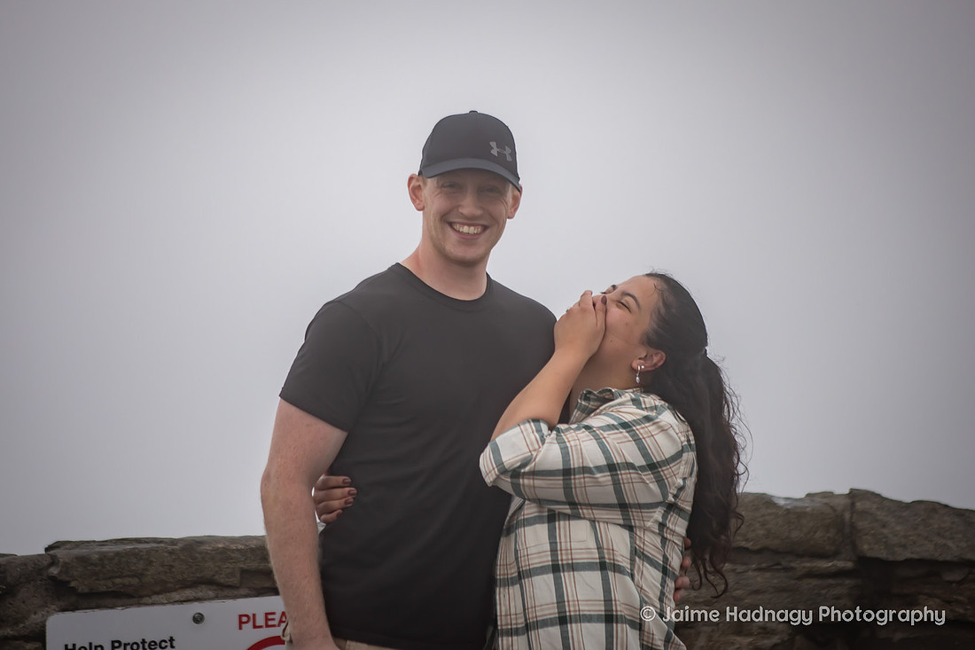 Hiking Proposal at Craggy Pinnacle in the Fog | Asheville Engagement Photographer