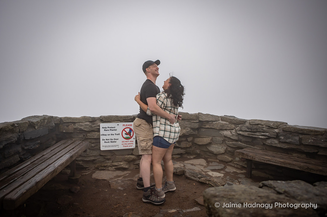 Hiking Proposal at Craggy Pinnacle in the Fog | Asheville Engagement Photographer