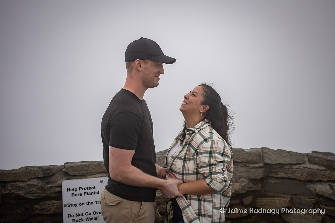 Hiking Proposal at Craggy Pinnacle in the Fog | Asheville Engagement Photographer