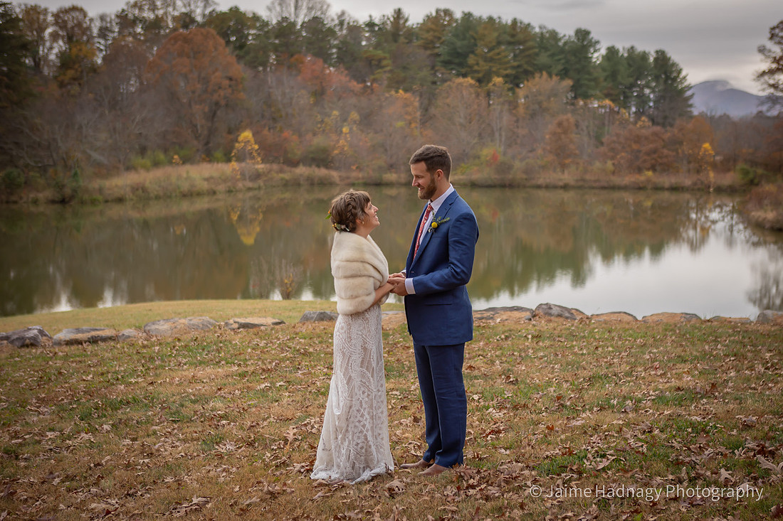 Fun Wedding Portraits of Bride and Groom Outdoors by a Lake | Asheville Photographer