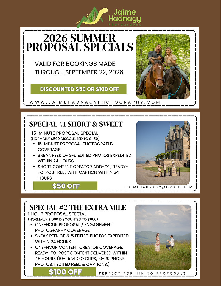 Proposal Photography Packages including sneak peek and content creator reel | Asheville Photographer
