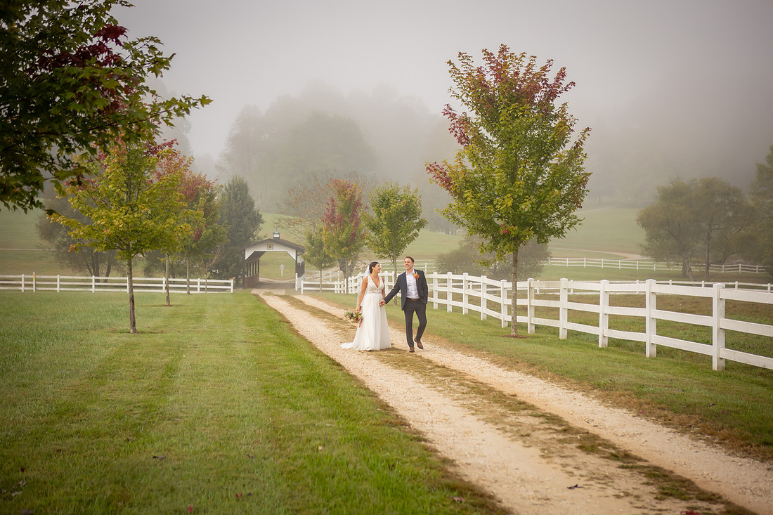 Bride and Groom on a Misty Morning Walking