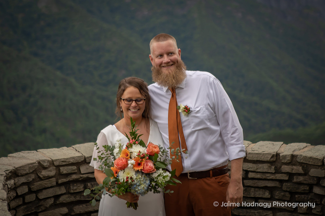 Bride and Groom Portraits after Mountain Elopement at Wiseman's View in Western NC