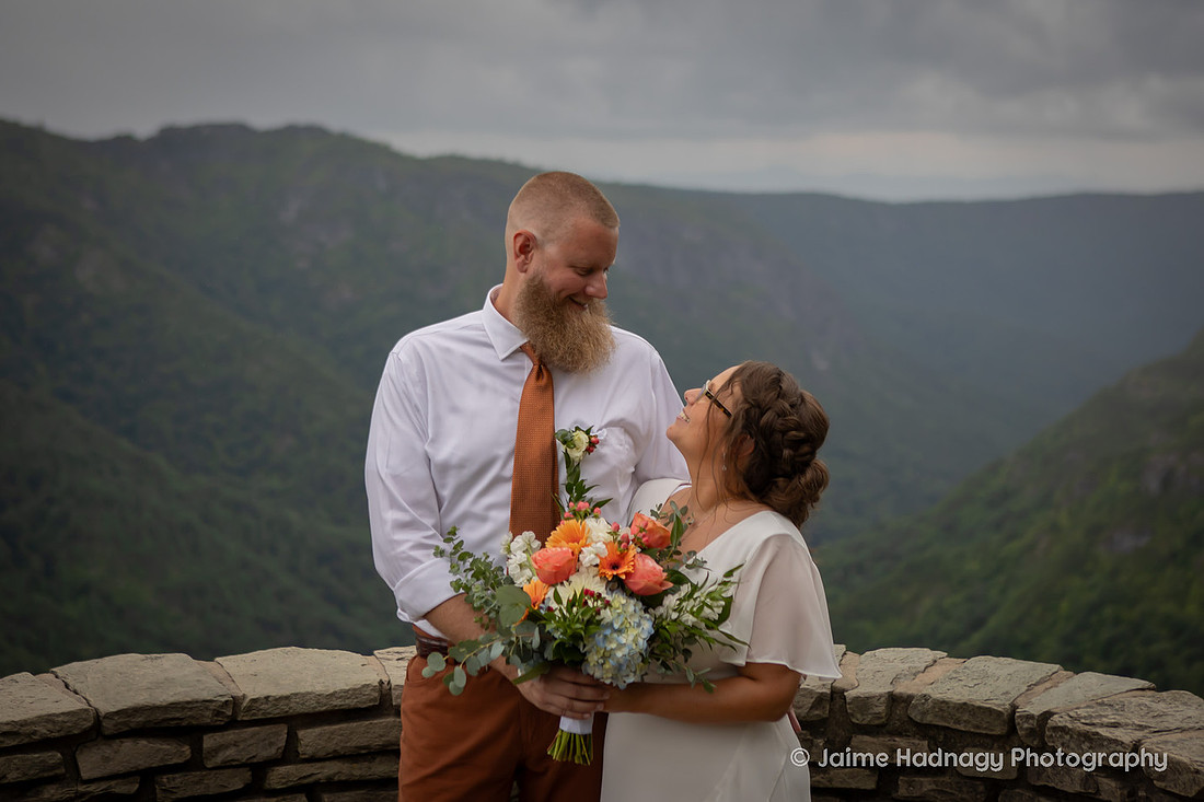 Bride and Groom Portraits after Mountain Elopement at Wiseman's View in Western NC