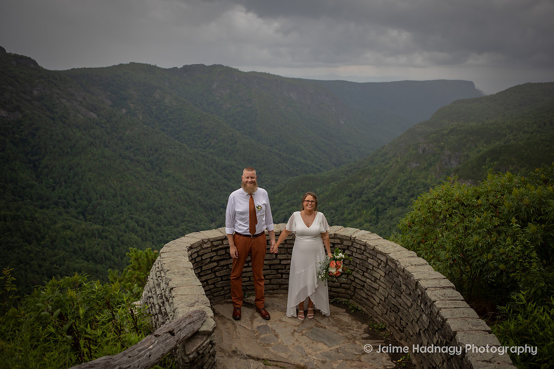 Bride and Groom Portraits after Mountain Elopement at Wiseman's View in Western NC