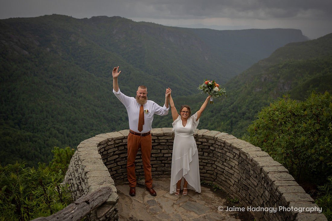 Bride and Groom Portraits after Mountain Elopement at Wiseman's View in Western NC